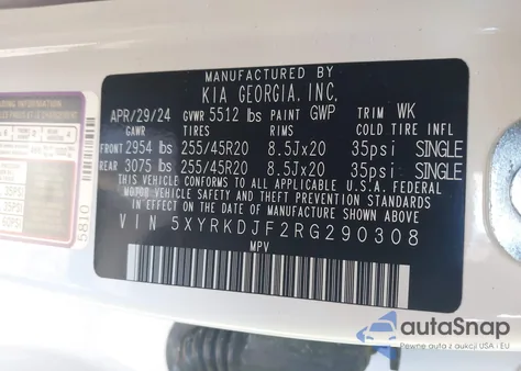 2024 Kia Sorento X-Line Sx z USA, uszkodzony, nr VIN 5XYRKDJF2RG290308